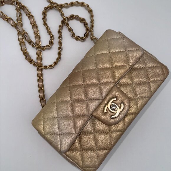 CHANEL Classic Mini Rectangle Iridescent Goatskin Glitter Beige Gold Bag - Picture 13 of 16